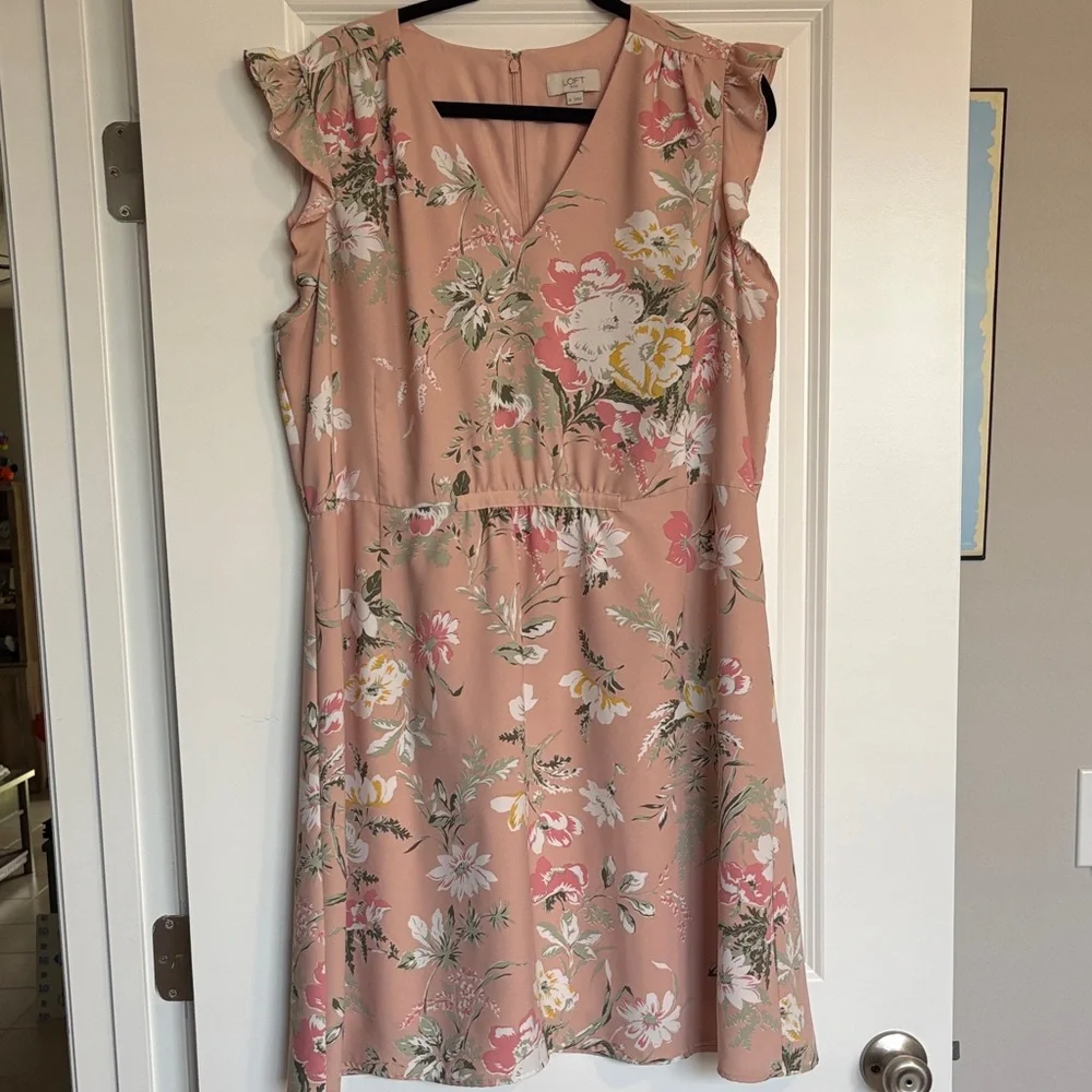 LOFT Pink Floral Smocked Ruffle Dress size XL - Picture 1 of 6